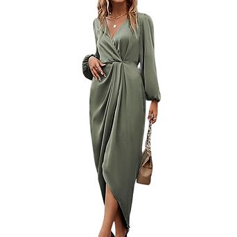 Women's Satin Wrap Maxi Dress Long Sleeve Deep V-Neck Ruched Waist Dress