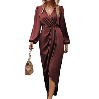 Women's Satin Wrap Maxi Dress Long Sleeve Deep V-Neck Ruched Waist Dress