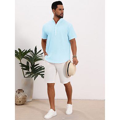 Men's Henley Shirt Solid Color Stand Collar Short Sleeve Linen Shirt