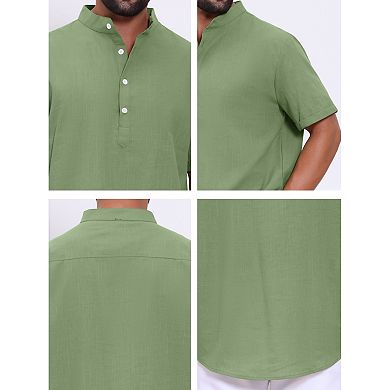 Men's Henley Shirt Solid Color Stand Collar Short Sleeve Linen Shirt