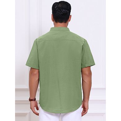 Men's Henley Shirt Solid Color Stand Collar Short Sleeve Linen Shirt