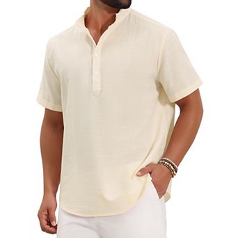 Men's Henley Shirt Solid Color Stand Collar Short Sleeve Linen Shirt