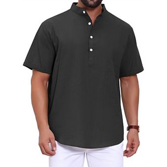 Men's Henley Shirt Solid Color Stand Collar Short Sleeve Linen Shirt
