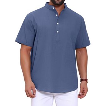 Men's Henley Shirt Solid Color Stand Collar Short Sleeve Linen Shirt