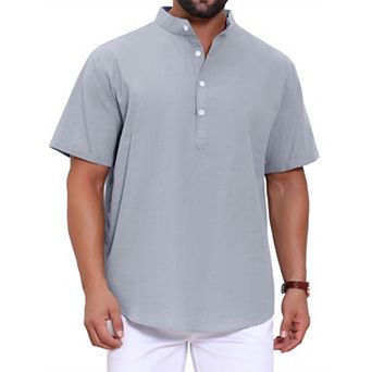 Men's Henley Shirt Solid Color Stand Collar Short Sleeve Linen Shirt