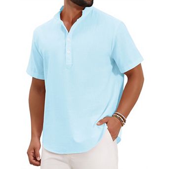 Men's Henley Shirt Solid Color Stand Collar Short Sleeve Linen Shirt