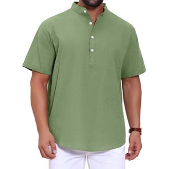 Men's Henley Shirt Solid Color Stand Collar Short Sleeve Linen Shirt