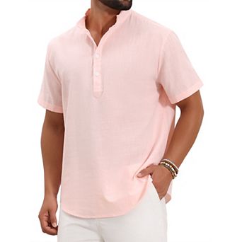 Men's Henley Shirt Solid Color Stand Collar Short Sleeve Linen Shirt