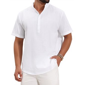 Men's Henley Shirt Solid Color Stand Collar Short Sleeve Linen Shirt