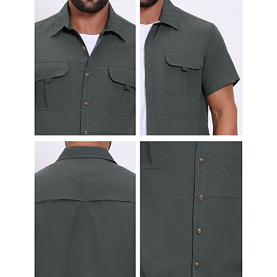 Men's Solid Cargo Shirt Two Chest Pockets Short Sleeve Button Down Utility Shirts