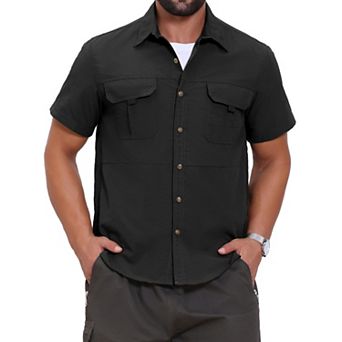 Men's Solid Cargo Shirt Two Chest Pockets Short Sleeve Button Down Utility Shirts