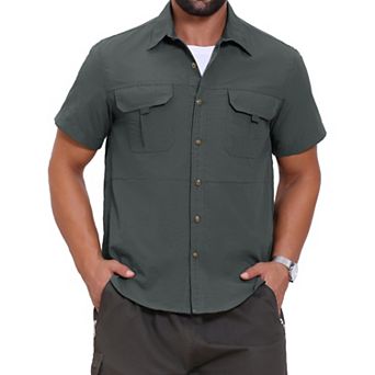 Men's Solid Cargo Shirt Two Chest Pockets Short Sleeve Button Down Utility Shirts