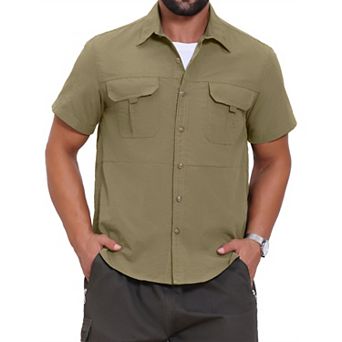 Men's Solid Cargo Shirt Two Chest Pockets Short Sleeve Button Down Utility Shirts