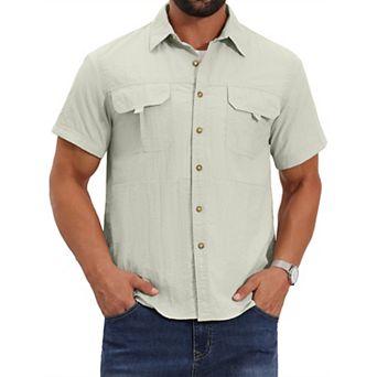 Men's Solid Cargo Shirt Two Chest Pockets Short Sleeve Button Down Utility Shirts