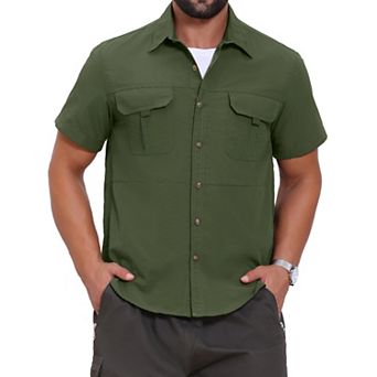 Men's Solid Cargo Shirt Two Chest Pockets Short Sleeve Button Down Utility Shirts
