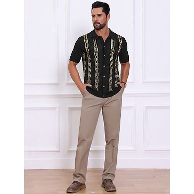 Men's Jacquard Polo Shirt Short Sleeve Button Down Knitted Golf Polo Shirts