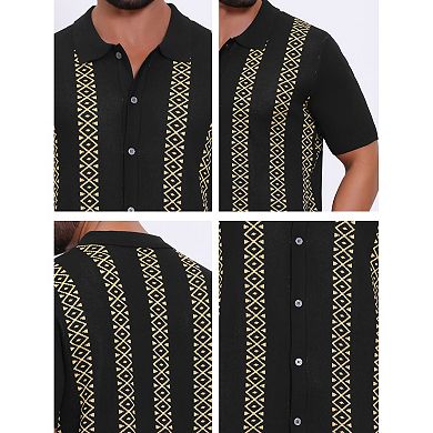 Men's Jacquard Polo Shirt Short Sleeve Button Down Knitted Golf Polo Shirts