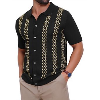 Men's Jacquard Polo Shirt Short Sleeve Button Down Knitted Golf Polo Shirts