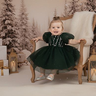 2Bunnies Baby Toddler Girls Green Beaded Sequin Puff Sleeve Tulle Party Dress
