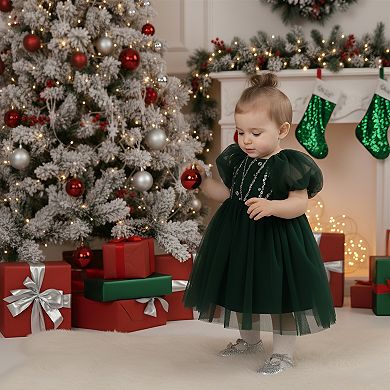 2Bunnies Baby Toddler Girls Green Beaded Sequin Puff Sleeve Tulle Party Dress