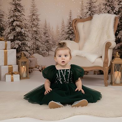 2Bunnies Baby Toddler Girls Green Beaded Sequin Puff Sleeve Tulle Party Dress