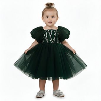 2Bunnies Baby Toddler Girls Green Beaded Sequin Puff Sleeve Tulle Party Dress