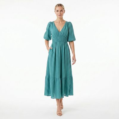 野*ら様 ワンダフルワールド 綿ニットタブリエ すみれモチーフ付き サテンリボン Women's Maison Tara Puff Sleeve Wave Crepe Midi Dress