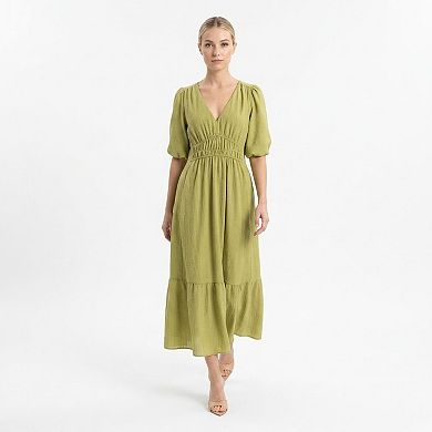 Women's Maison Tara Puff Sleeve Wave Crepe Midi Dress