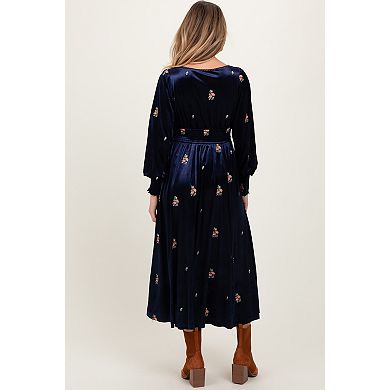 Maternity Velvet Embroidered Floral Midi Dress
