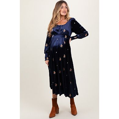 Maternity Velvet Embroidered Floral Midi Dress