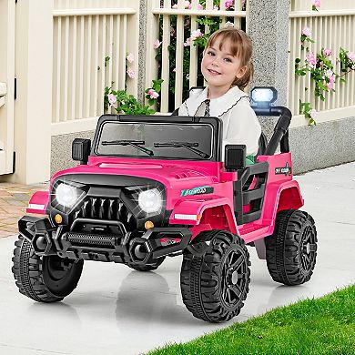 Gymax 12V Kids Ride on Truck Car w/ Remote Control Threaded Wheels 3 Speeds LED Lights Black.