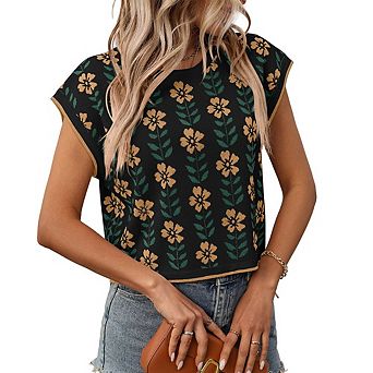 Womens Short Sleeve Printed Tops Crew Neck Cute Vintage Floral Knit Sweaters Vest Going Out Outfits