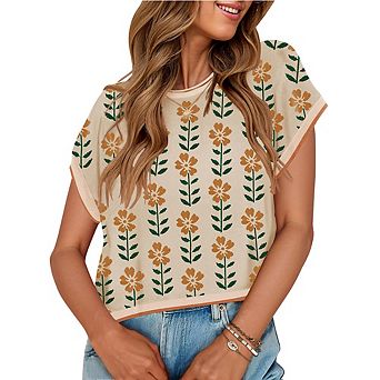 Womens Short Sleeve Printed Tops Crew Neck Cute Vintage Floral Knit Sweaters Vest Going Out Outfits