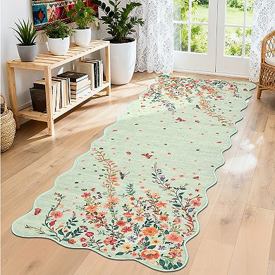 Garvee Pastoral Garden Area Rug Floral & Insect Print Washable Non Slip Low Pile Rug for Home Decor