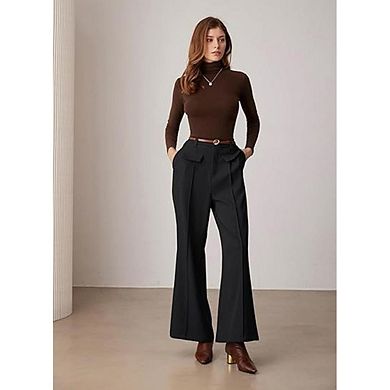 Womens Wide Leg Pants Business Casual High Waisted Button Pleated Work Trousers Bootcut Dressy Pants
