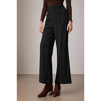 Womens Wide Leg Pants Business Casual High Waisted Button Pleated Work Trousers Bootcut Dressy Pants