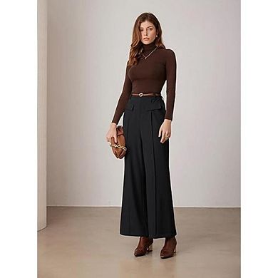 Womens Wide Leg Pants Business Casual High Waisted Button Pleated Work Trousers Bootcut Dressy Pants