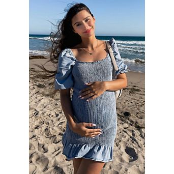 Maternity Blue Square Neck Smocked Denim Dress