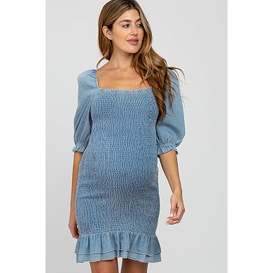 Maternity Blue Square Neck Smocked Denim Dress