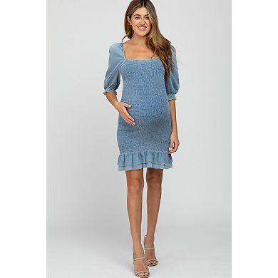 Maternity Blue Square Neck Smocked Denim Dress