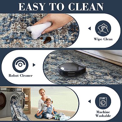 Oriental Machine Washable Rug with Rubber Backing Non-Slip Throw Carpet