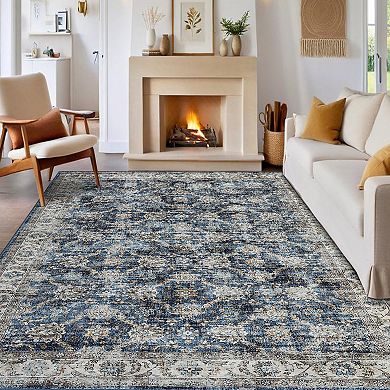 Oriental Machine Washable Rug with Rubber Backing Non-Slip Throw Carpet