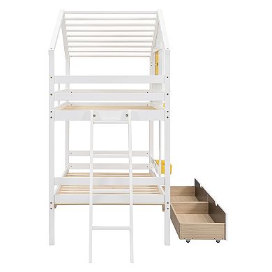 Whisen Twin over Twin Bunk Bed with 2 Drawers, 1 Storage Box, 1 Shelf, Window and Roof