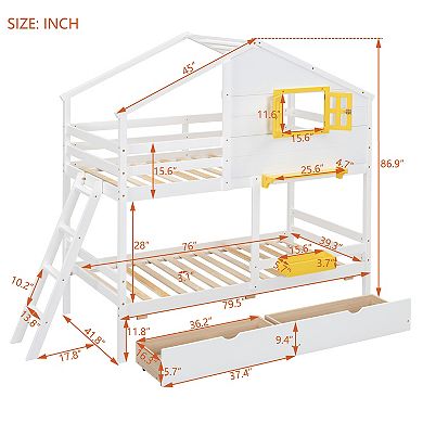 Whisen Twin over Twin Bunk Bed with 2 Drawers, 1 Storage Box, 1 Shelf, Window and Roof
