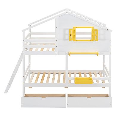 Whisen Twin over Twin Bunk Bed with 2 Drawers, 1 Storage Box, 1 Shelf, Window and Roof