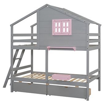 Whisen Twin over Twin Bunk Bed with 2 Drawers, 1 Storage Box, 1 Shelf, Window and Roof