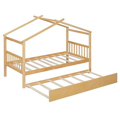 Whisen Twin Size Wooden House Bed with Twin Size Trundle and 2 Headboards