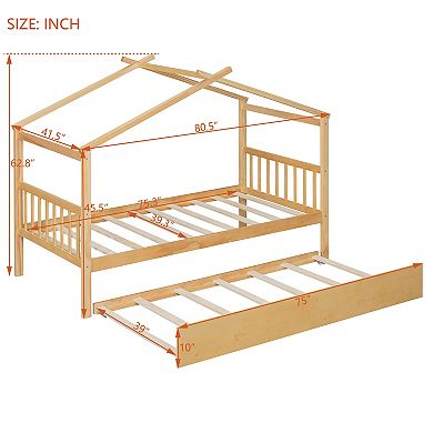 Whisen Twin Size Wooden House Bed with Twin Size Trundle and 2 Headboards