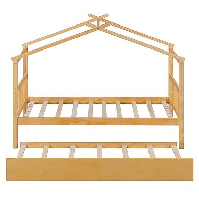 Whisen Twin Size Wooden House Bed with Twin Size Trundle and 2 Headboards