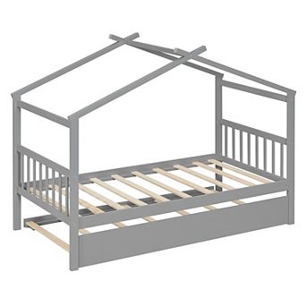 Whisen Twin Size Wooden House Bed with Twin Size Trundle and 2 Headboards
